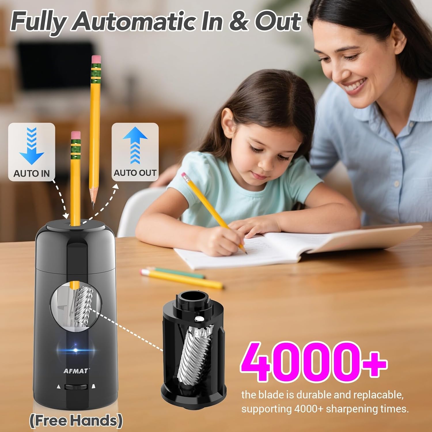 AFMAT Electric Pencil Sharpener, Rechargeable Fully Automatic Pencil Sharpener for Jumbo & Colored Pencils (7-11.5mm), Auto in/Out, Hands-Free, Portable for Home/Classroom/Office,Black