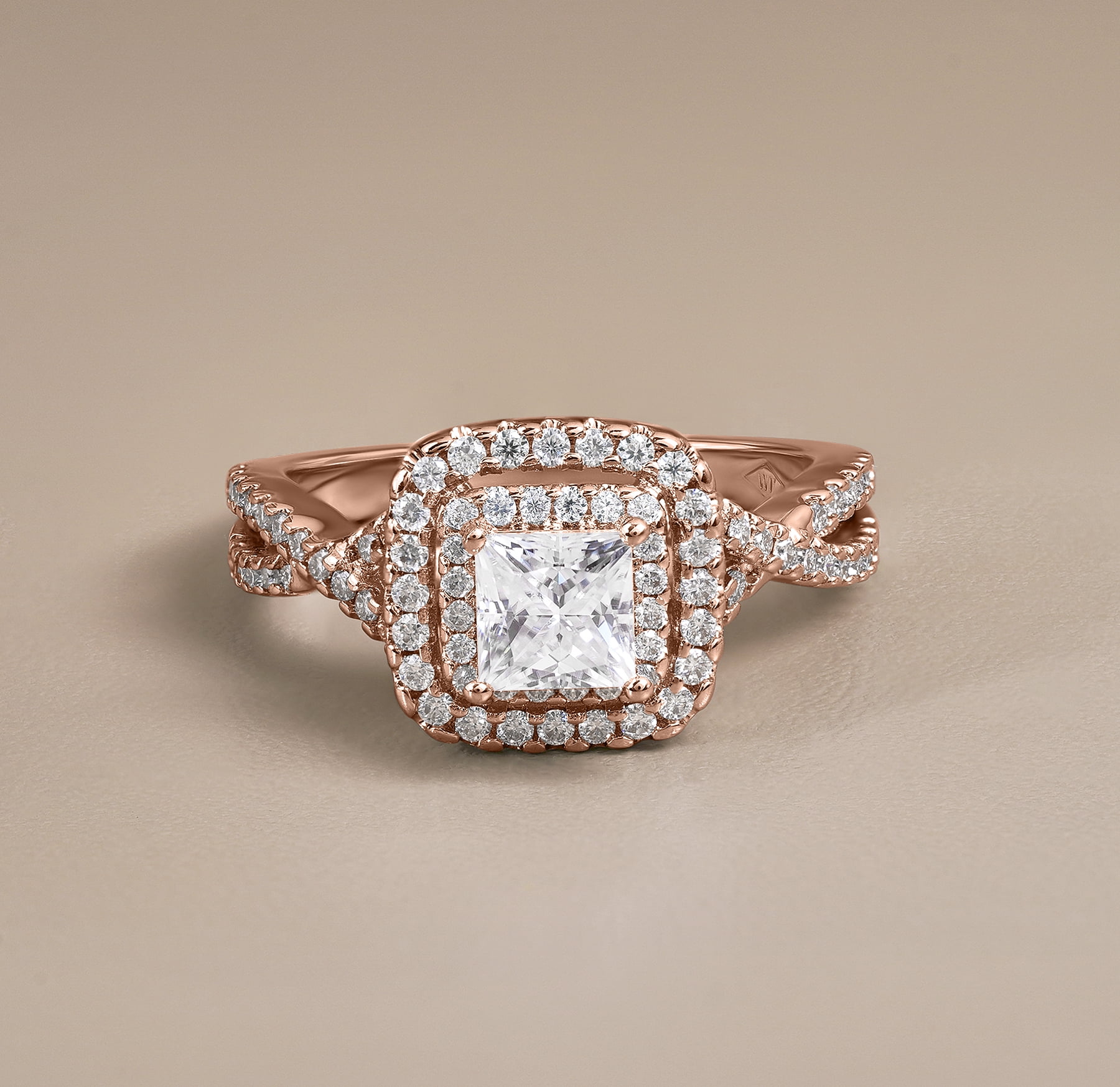 JeenMata 1 Carat Princess Cut Moissanite Engagement Ring - Bridal Set - Double Halo Ring - Cluster Ring - 18k Rose Gold Plated for Women