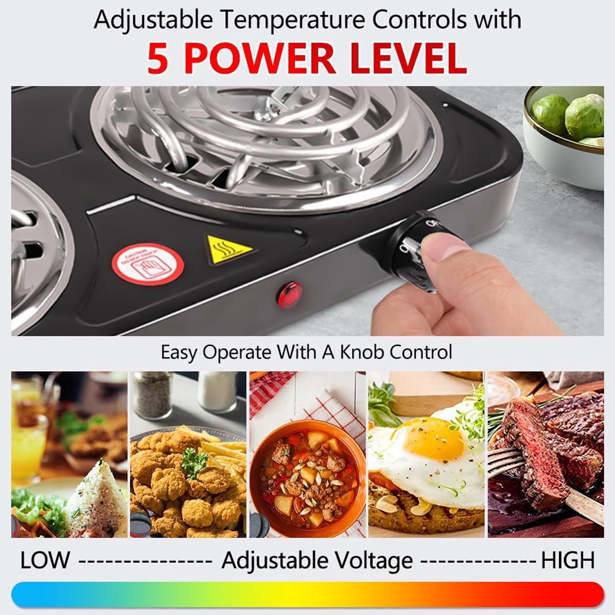 Daretodo 2000W Portable Electric Double Burner, Electric Hot Plate Kitchen Cooktop Cooking Stove Frying Pan and Easy to Clean for Home or Dorm, 5 Adjustable Temperatures, Black