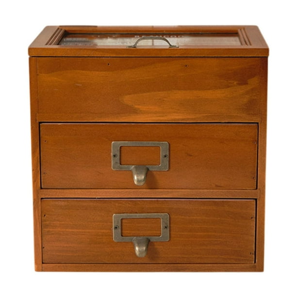 Caja de almacenamiento de escritorio estuche de joyería de madera con 2 cajones y 6 cuadrículas contenedor de almacenamiento de tipo de cajón para