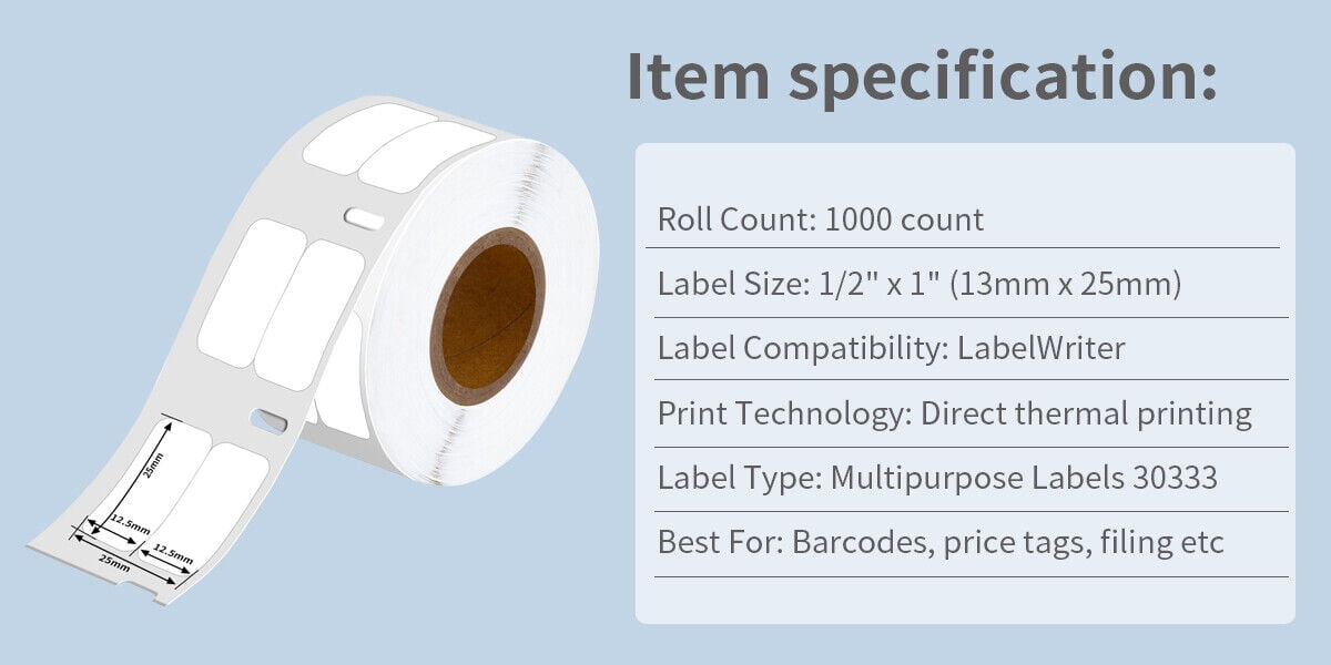 GREENCYCLE 4 Roll Compatible for DYMO 30333 (1/2" X 1") Extra-Small 2-Up Multi-Purpose Labels Use with Labelwriter 450, 4XL & Zebra Printers (1000 Labels/Roll)