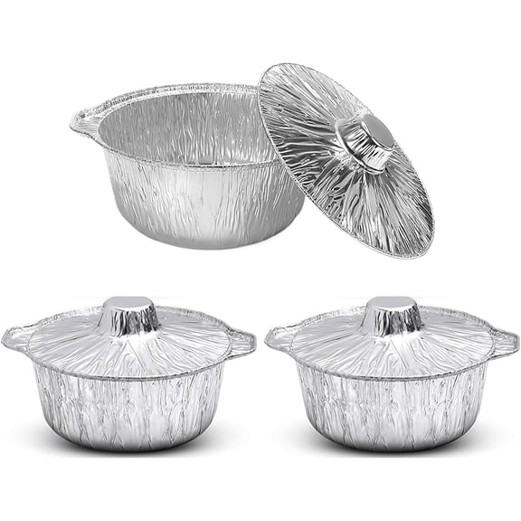Aluminum Pots with Lids: Disposable Cookware Aluminum Foil Pans Round Tin Foil Pans, Multi-use Tinfoil Camping Pot Food Containers for Oven Toaster Grill Cooking Roasting (3PCS, L)