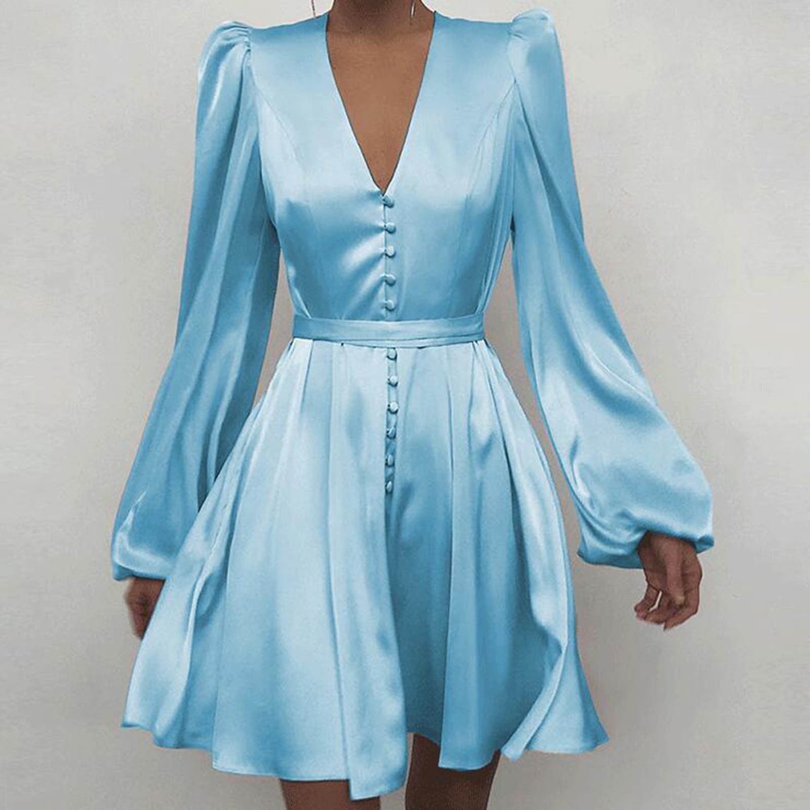 Long Sleeve Satin Dresses for Womens Casual V-Neck Temperament Slim Button Lace-up Lantern Sleeve Dress