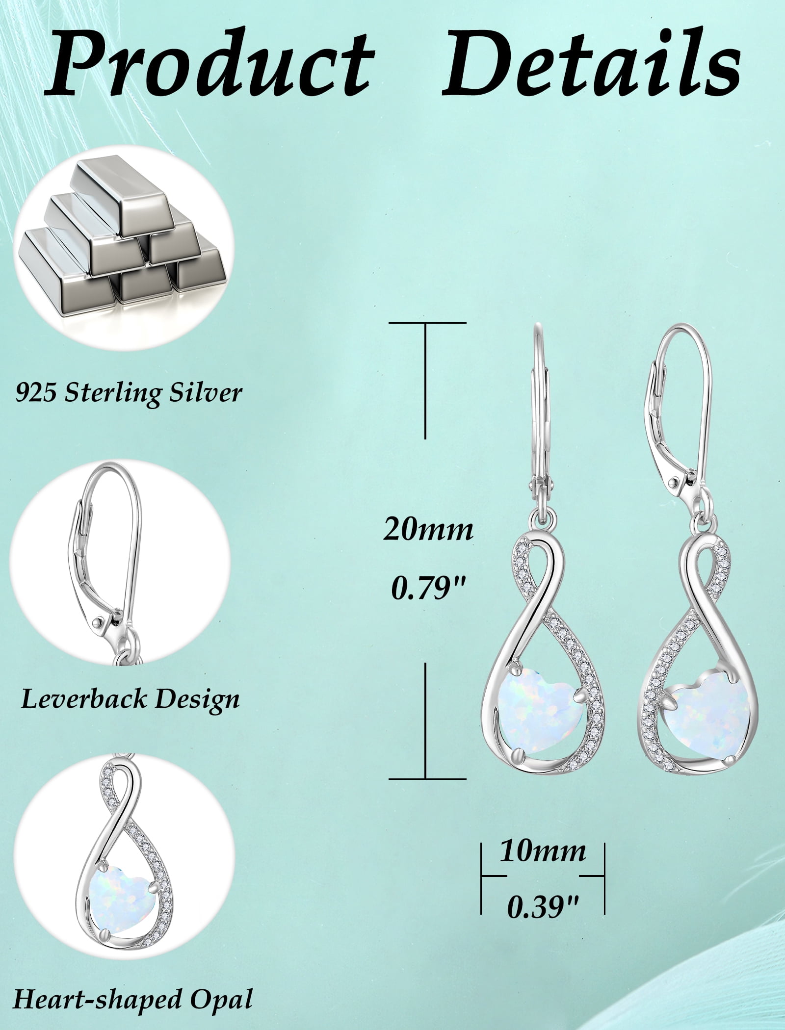 VESITIM Infinity Dangle Leverback Earrings 925 Sterling Silver Heart Earrings Created White Opal Jewelry for Women