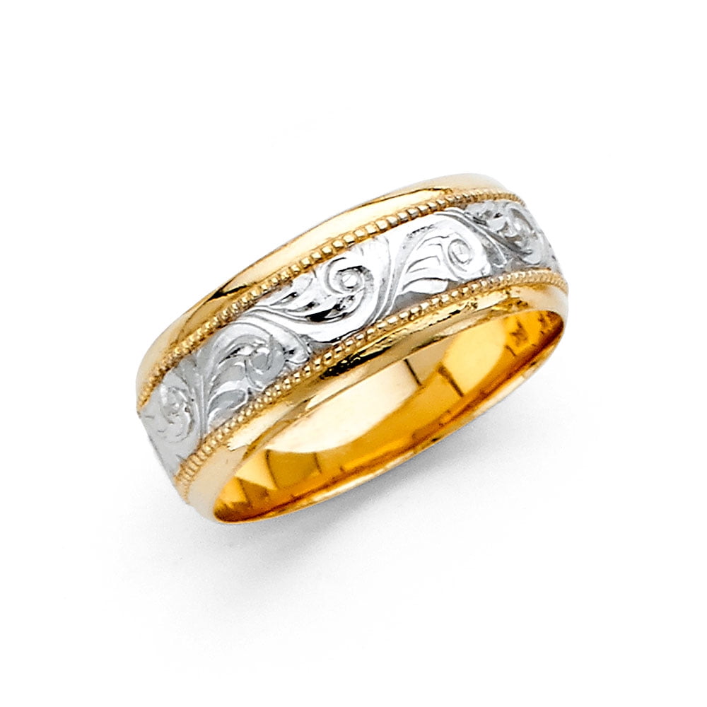 GemApex - Solid Wedding Ring 14k Yellow White Gold Band Filigree Two
