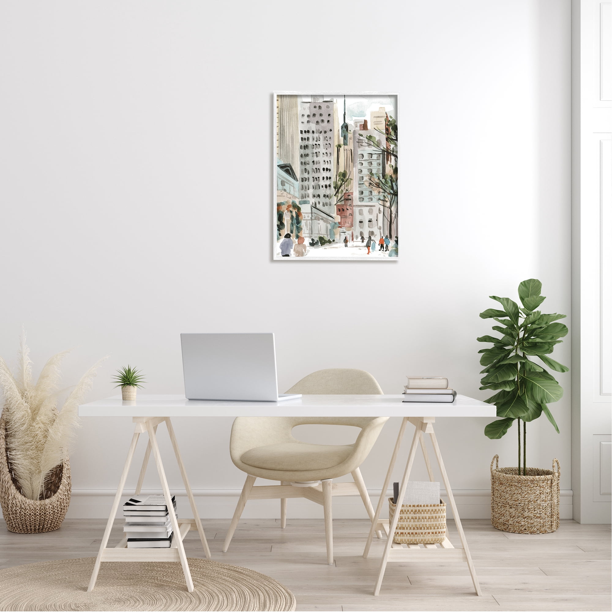Stupell Industries People Walking City Streets Tall Metropolis Buildings Paintings White Framed Art Print Wall Art, 24x30, by Melissa Wang