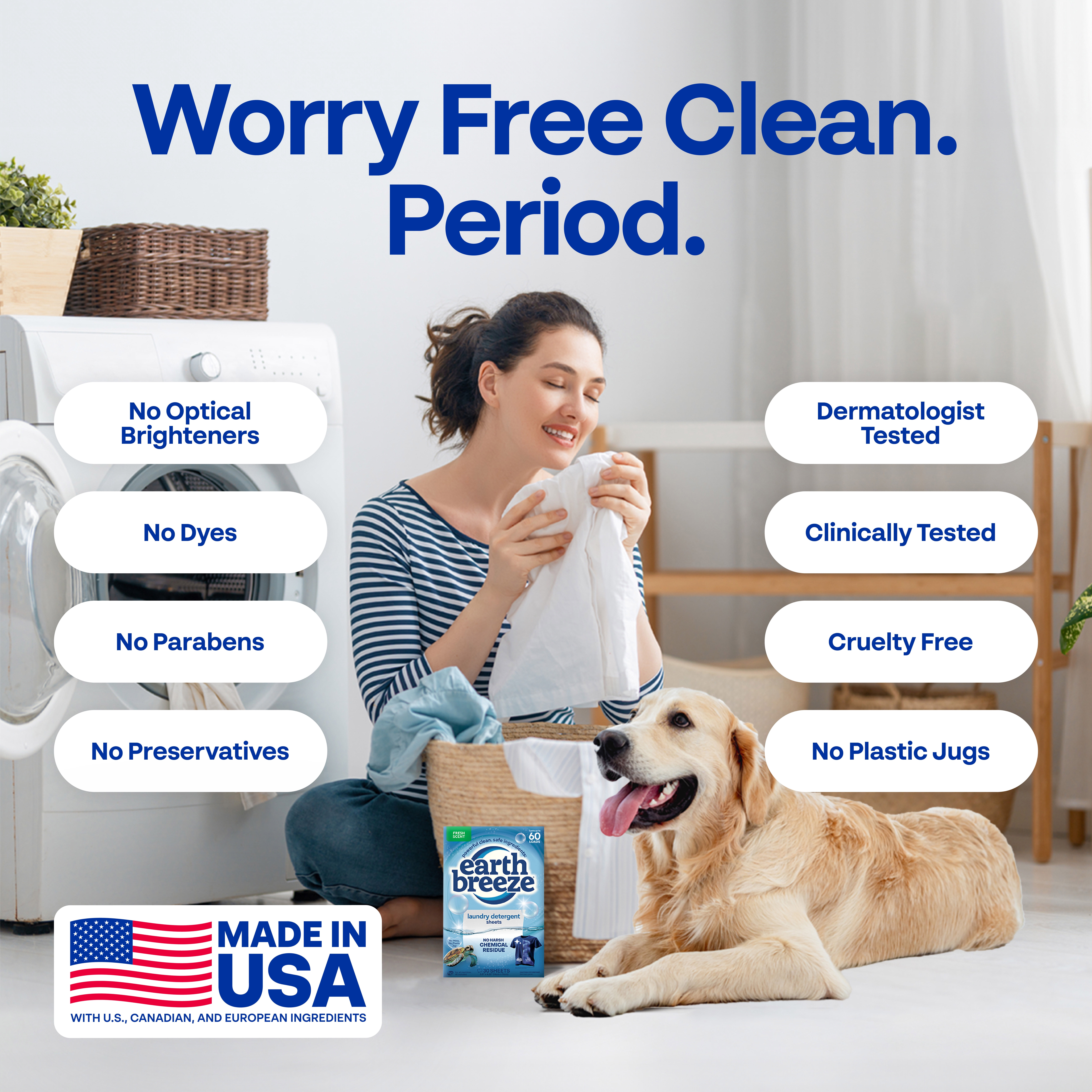 Earth Breeze Hypoallergenic Laundry Detergent Sheets, Fresh Scent, Odor Fighting, 60 Loads