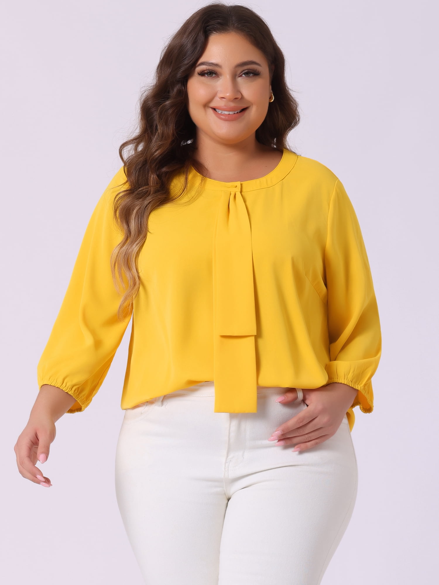 DARING DIVA Women's Plus Round Neck Work Ruffle Chiffon Top 4X Yellow
