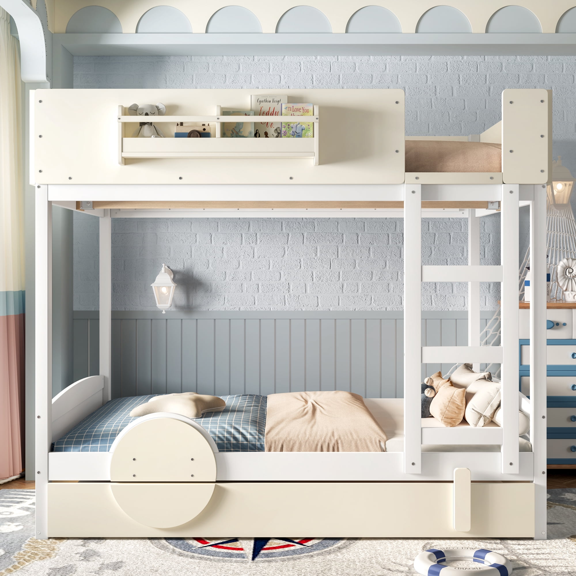Mintazer Full Over Full Car Themed Bunk Bed with Trundle & Bookshelf, Modern Bunk Bed with Guardrail for Kids, White & Beige