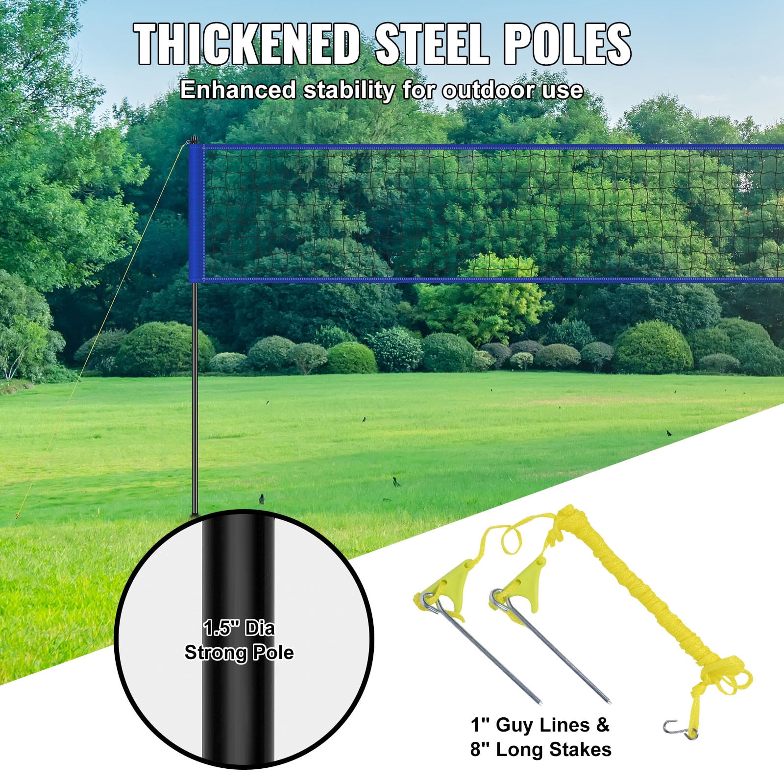 BENTISM 32ft x 3ft Portable Volleyball Net System Adjustable Height Poles with PVC Volleyball, Carrying Bag, Boundary Lines, Steel Poles & Pump for Outdoor Sports
