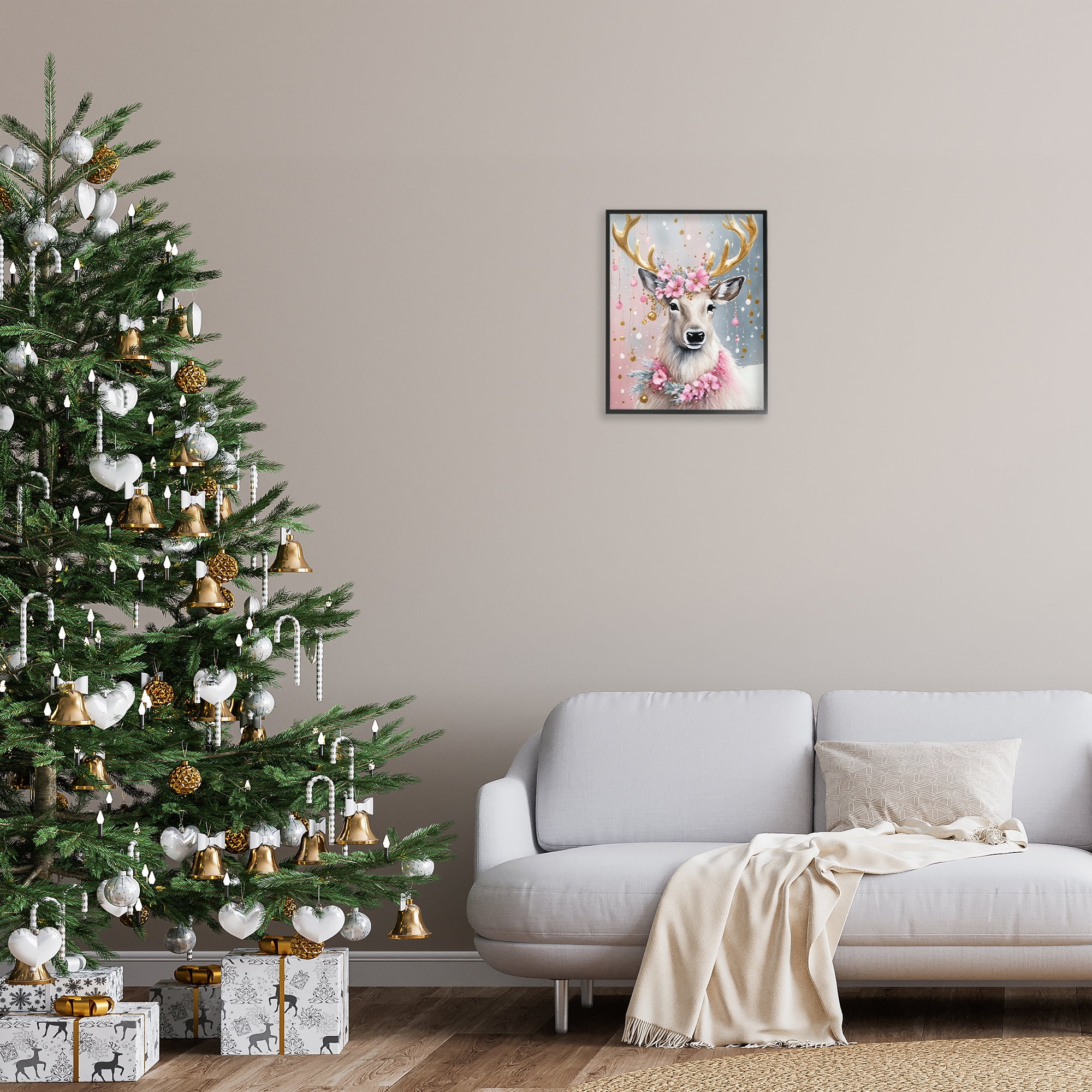 Stupell Industries Pink Floral Festive Reindeer Holiday Painting Black Framed Art Prints Wall Art, 16 x 20
