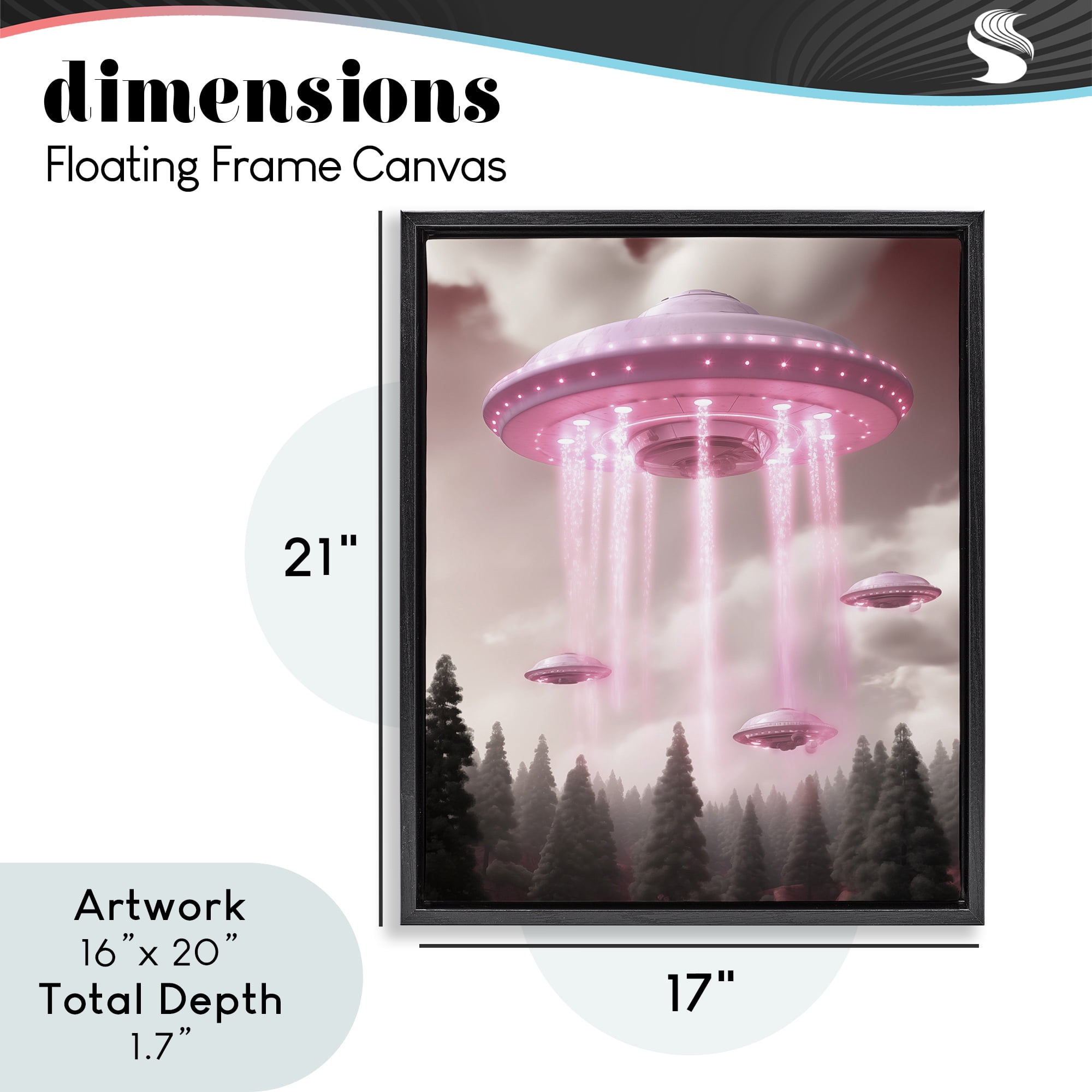 Glam UFO with Pink Beams Black Framed Floater Canvas Wall Art, design by Sasha