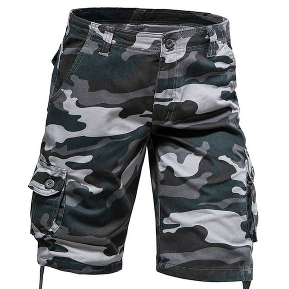 IYYVV Cargo Shorts for Men Stretch Camouflage Camo Below The Knee Shorts for Men Belted Cargo Long Shorts with Pocket Blue 33