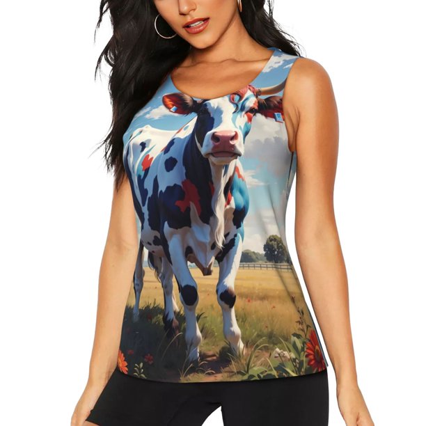 Balery Colorful Cow Pasture Camiseta sin mangas estampada ligera para mujer, tops de entrenamiento sin mangas, camisetas de yoga transpirables de secado rápido.-X-Large