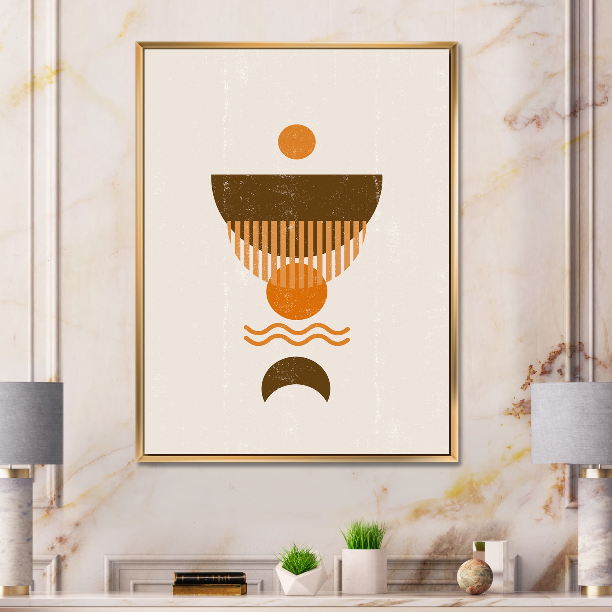 Designart 'Abstract Minimal Brown Moon and Orange Sun' Modern Framed Canvas Wall Art Print