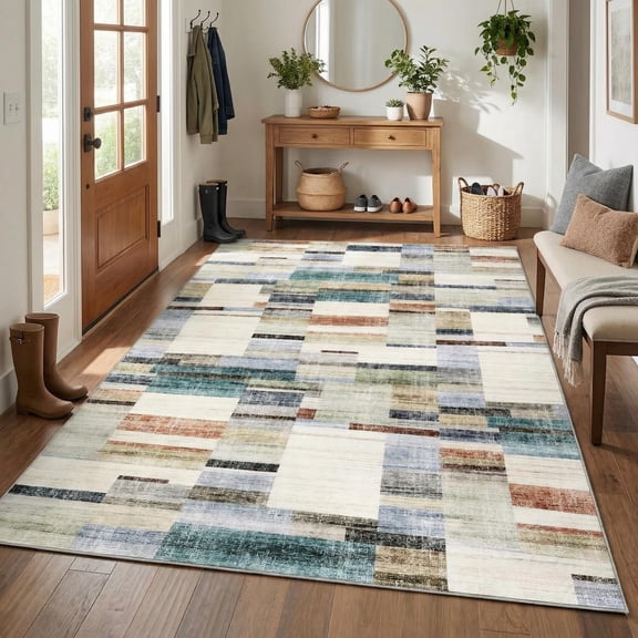 Garvee Washable Geometric Area Rug - Modern Multicolor Low Pile Non-Slip Carpet for Living Room, Bedroom, Nursery, mark Resistant, Soft - 4x6ft