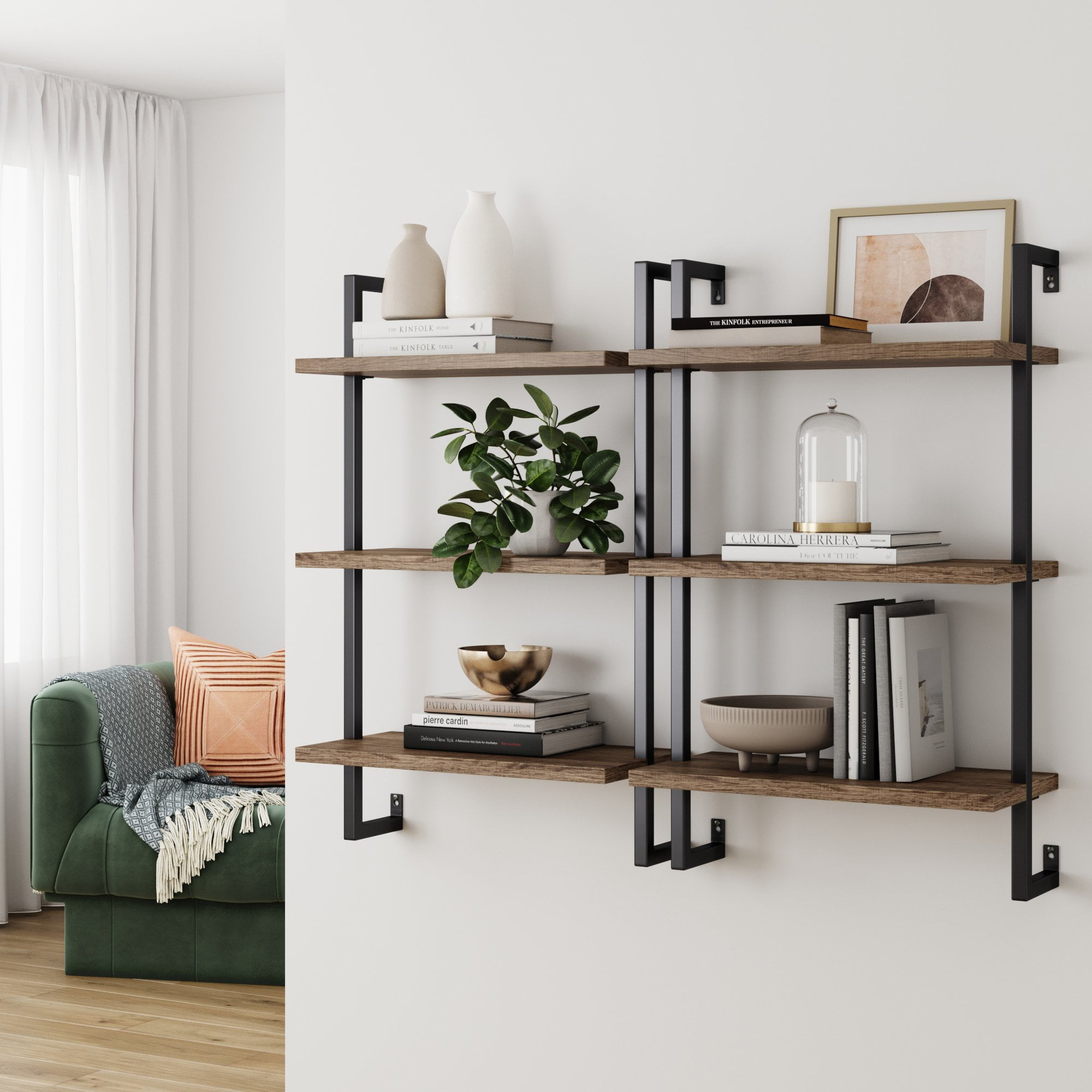 Nathan James Theo 3-Shelf Bookcase Floating Wall Mount Rustic Oak Wood with Black Industrial Pipe Metal Frame