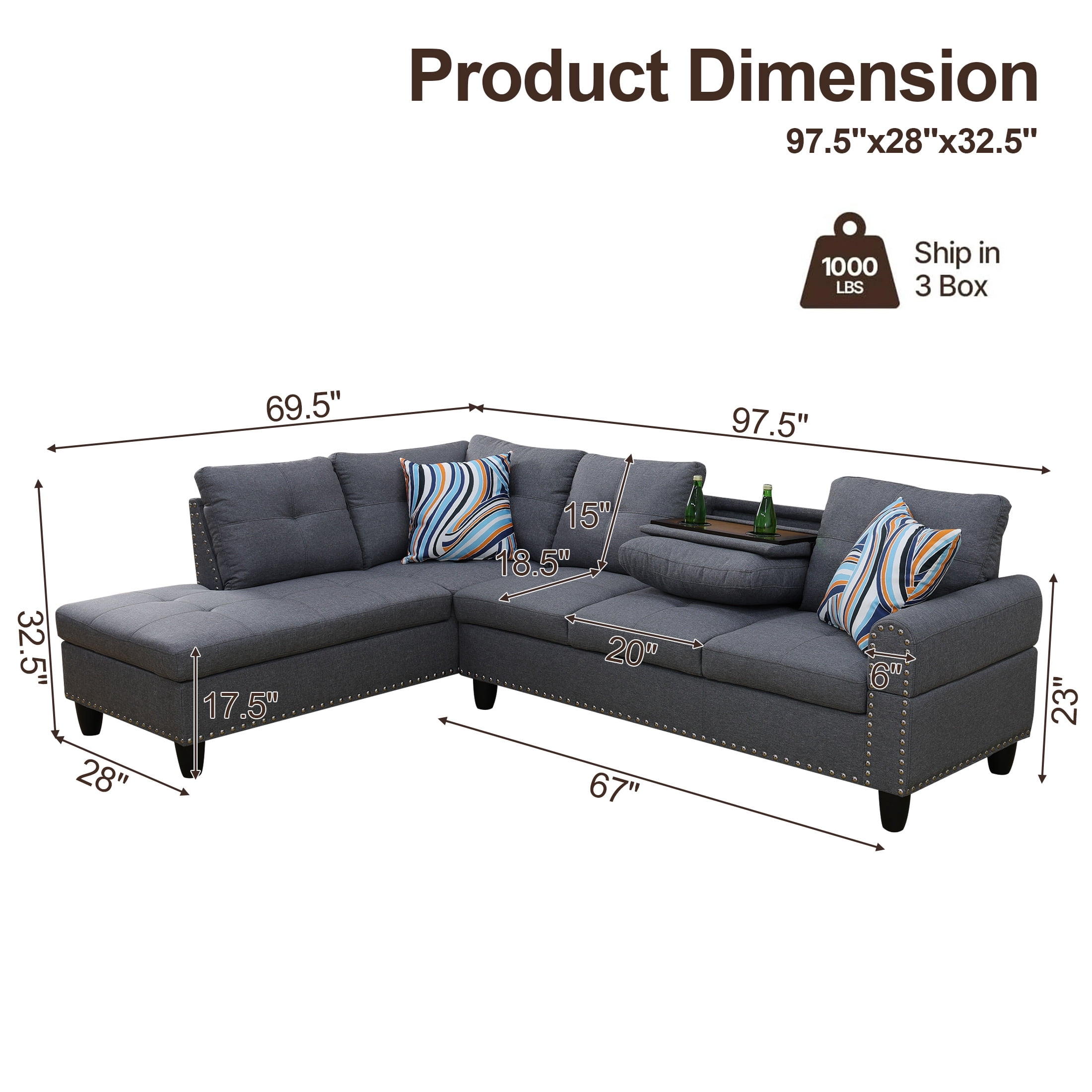 AENKYO 98" L-Shaped Sectional Sofa with Reversible Chaise and Cup Holders, Linen, Dark Gray