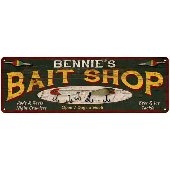 BENNIE'S Bait Shop Sign Wood Look Man Cave Den Gift 6x18 Metal 206180024374