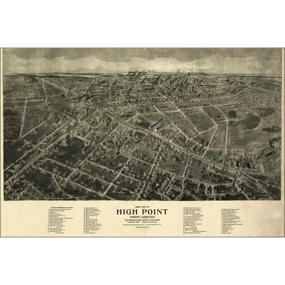 24"x36" Gallery Poster, Aero view map of High Point, North Carolina 1913