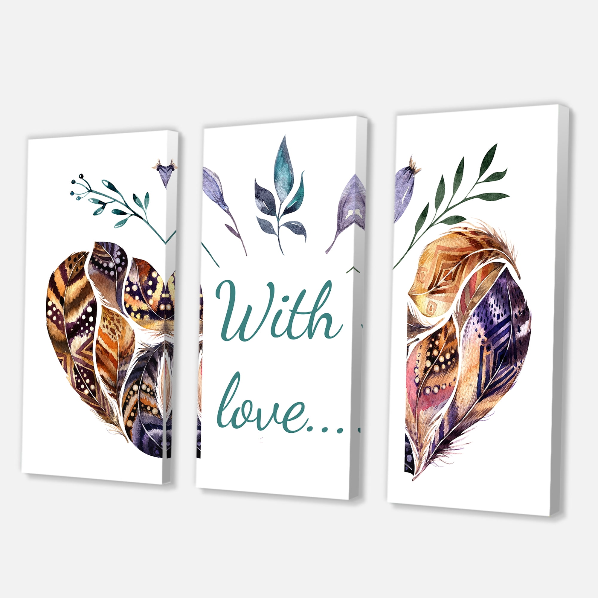 Designart ' Hearted Shaped Feathers With Love ' Traditional Canvas Wall Art Print