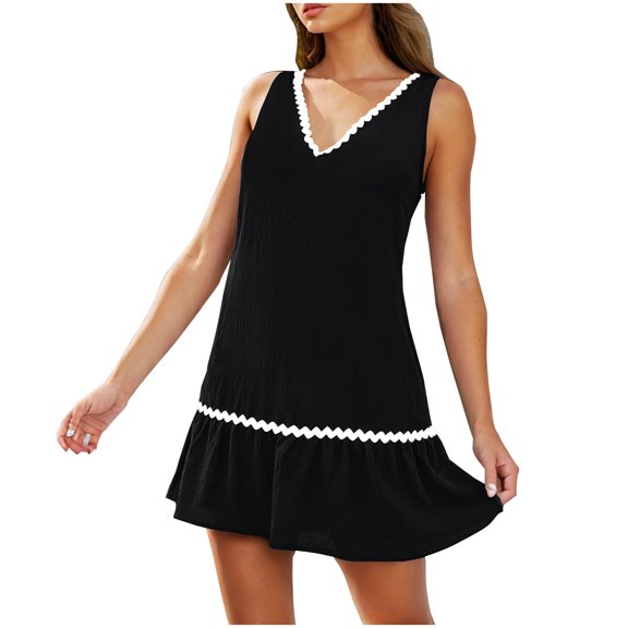 Uaswgudfs Sleeveless A-Line Tiered Flowy Dress with V-Neck Accents - Women's Casual Summer Sundress for Resort & Beachwear Black L