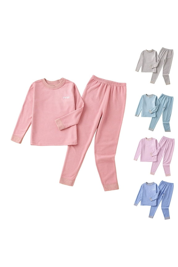 Girls Thermal Underwear Set 2-16 Years Striped Pattern Thickened Heavyweight Fleece-Lined Crew Neck Top and Elastic-Waist Pants Winter Warm Loungewear Set