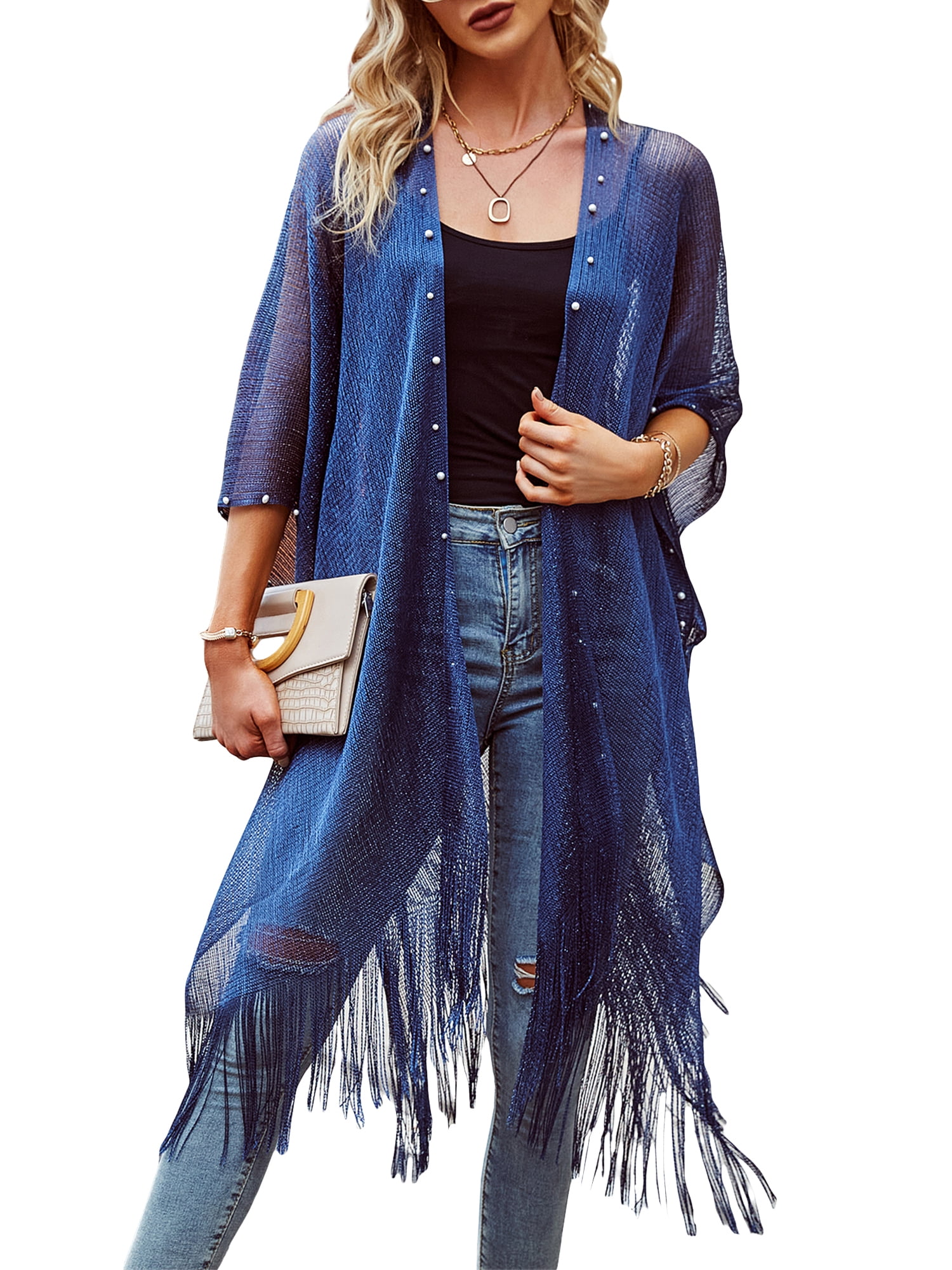Women Kimono Swimsuit Cover up Pearls Bikini Cardigan Shawl with Tassel