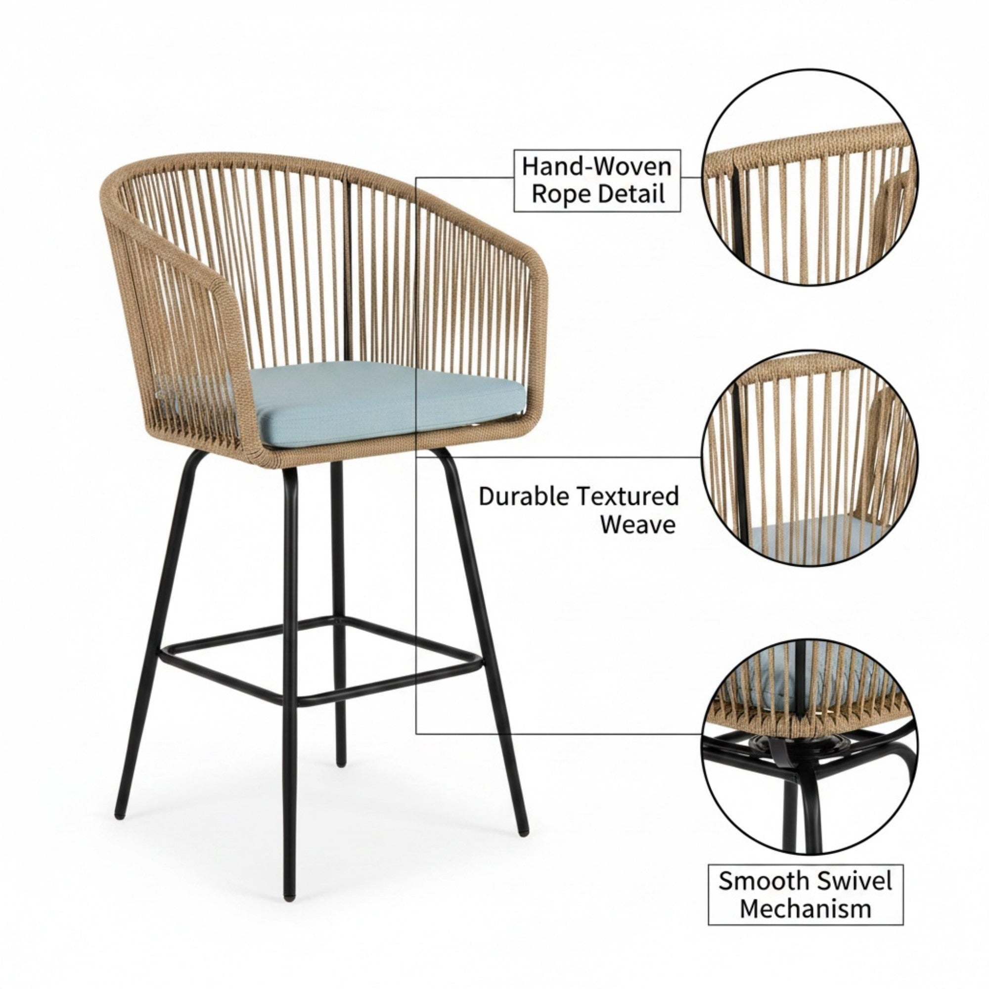 Sailvan Outdoor Bar Stools All-Weather Wicker Patio Bar Chairs with Armrests and Footrest,Blue
