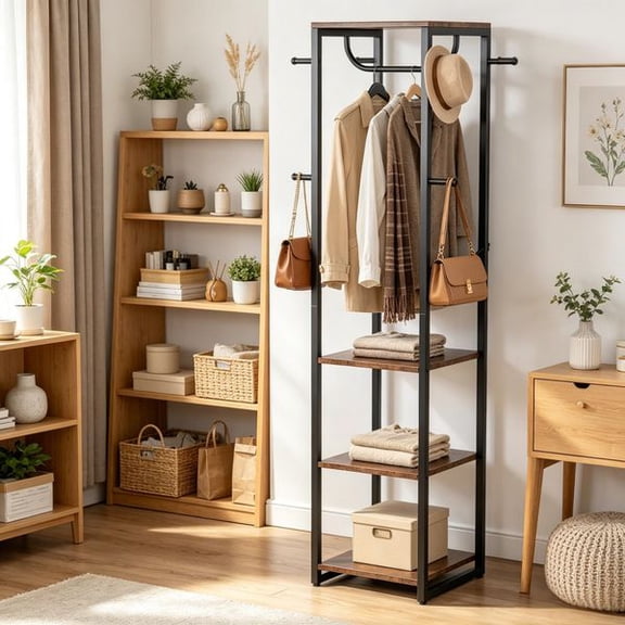 Industrial Coat Rack with 8 Hooks and 4-Tier Storage Shelves, Freestanding Entryway Hall Tree with Hanging Rod, Rustic Wood and Metal Clothes Organizer for Entryway, Hallway, Bedroom, Living Room
