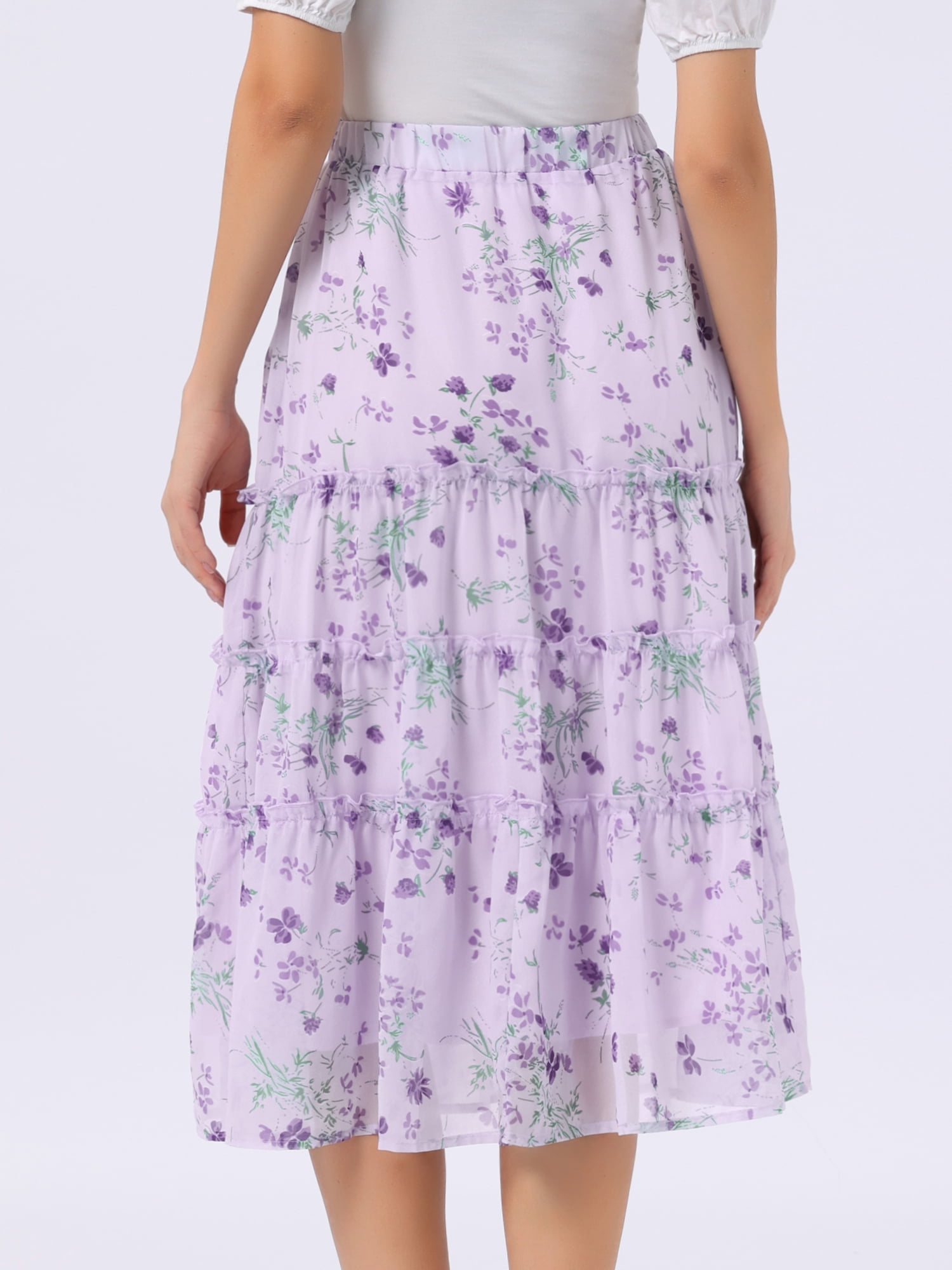 DARING DIVA Women's Floral Chiffon A-line Long Tiered Ruffle Maxi Skirt XL Purple Floral