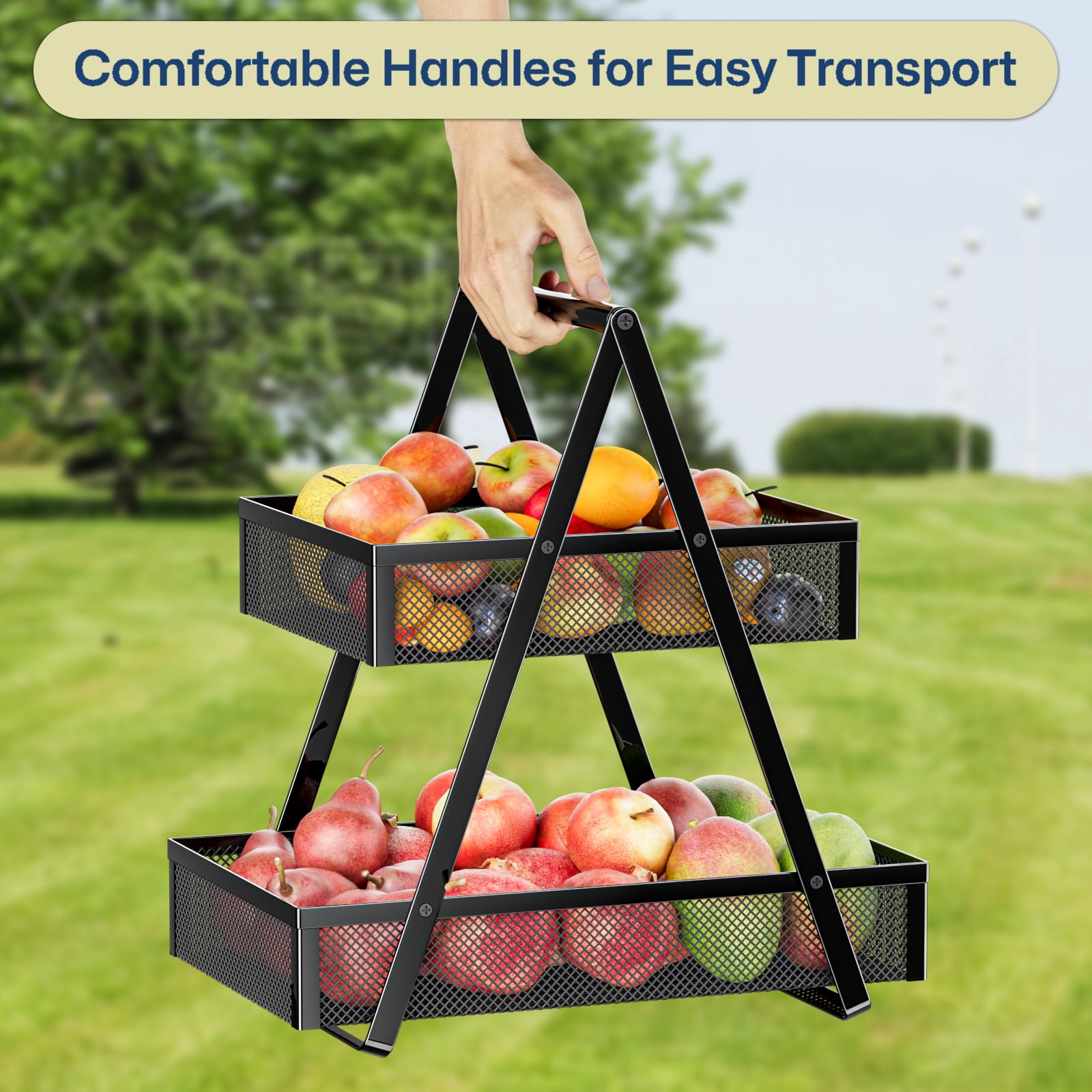 2 Tier Fruit Basket Kitchen Organizer Black Metal Handle for Fruits Vegetables Countertop Pantry Dining & Picnic