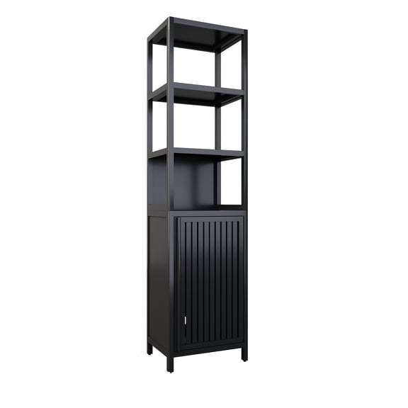 Lisonu Black Storage Tall Slim Cabinet with Shutter Door and 3 Tier Shelves, Natural Bamboo, 64.76 inches