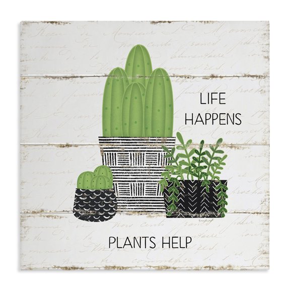 Stupell Industries Bohemian Life Happens Cacti Succulents Wood Textured Design Canvas Art, 17 x 17, by Jennifer Pugh