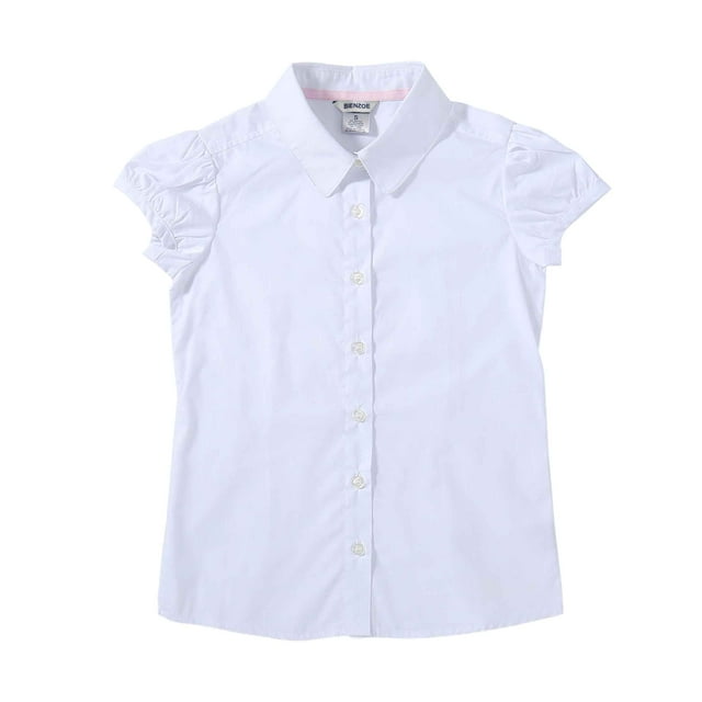Bienzoe Blouse Oxford à Manches Courtes Bouffantes pour Grande Fille Uniforme Scolaire Blanc m