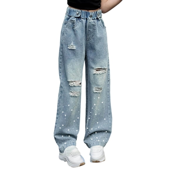 MuXiKeJi Clothes Baggy Jeans for Thin Ripped Rhinestone Wide Leg Straight Denim Jeans Summer Casual Bottoms Girls Jeans