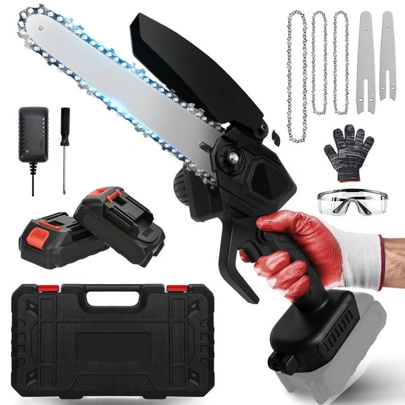Cordless Chainsaw, HDJ Mini Chiansaw with 6 inch / 8 inch Chians, Portable Handheld Electric Chainsaw for Household & Garden