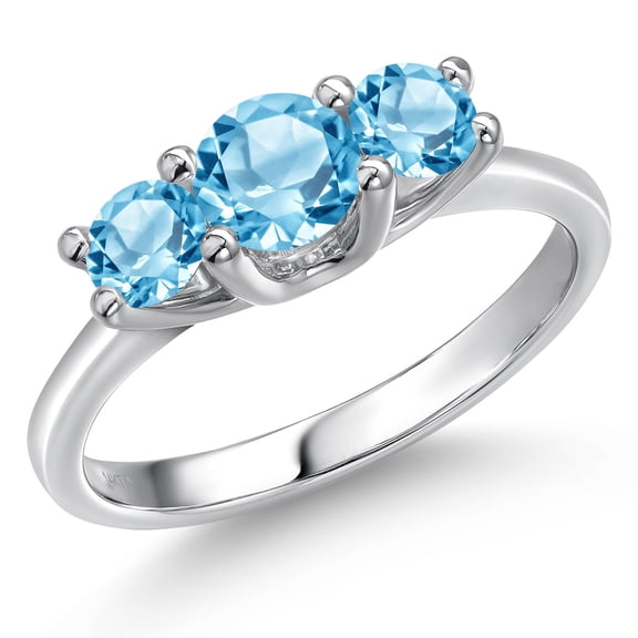 Gem Stone King 14K White Gold Swiss Blue Topaz 3-Stone Gemstone Engagement Ring | 1.36 Cttw | Round 5MM and 4MM | Three Stone Wedding Anniversary Promise Ring for Women (Size 6)