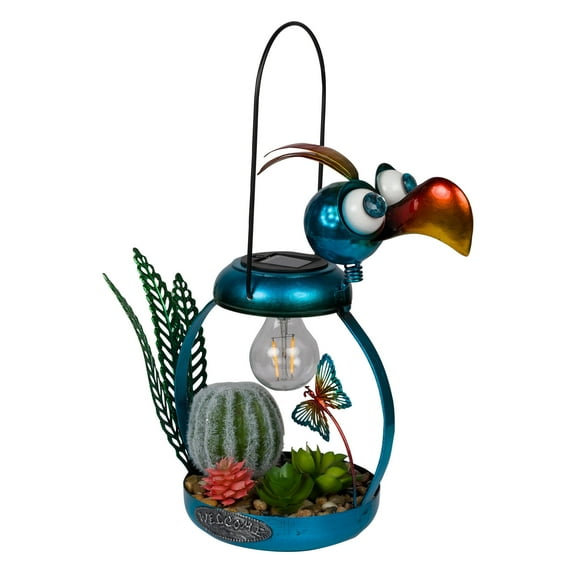 Alpine Corporation Solar Metal Silly Blue Bird with Garden and LED Decor