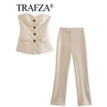 thumbnail image 3 of TRAFZA, traje de pantalón liso elegante para mujer, camisetas sin tirantes sexis con botón frontal + pantalón con abertura lateral, conjuntos de ropa de calle de moda femenina, 3 of 5