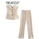thumbnail image 3 of TRAFZA, traje de pantalón liso elegante para mujer, camisetas sin tirantes sexis con botón frontal + pantalón con abertura lateral, conjuntos de ropa de calle de moda femenina, 3 of 5