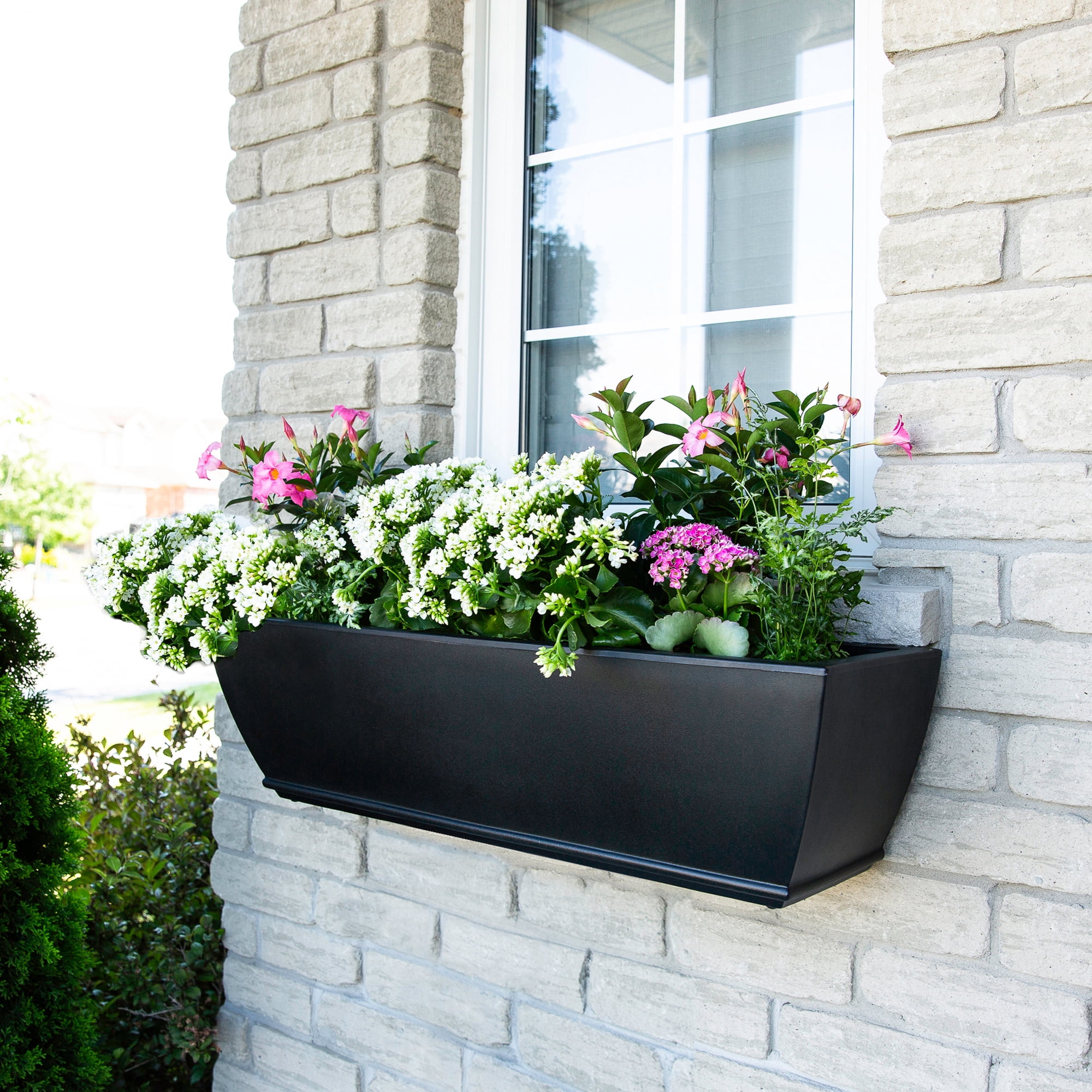 Acadia 36" x 11" x 10" Black Self Watering Plastic Window Box Planter with Steel Wall Mount Brackets