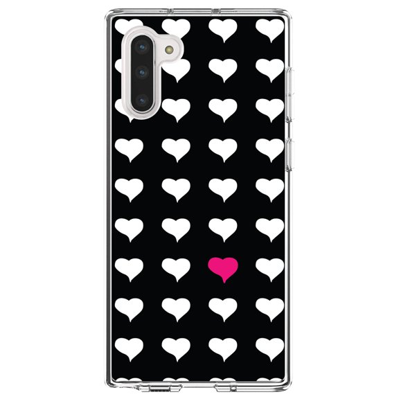 DistinctInk Clear Shockproof Hybrid Case for Samsung Galaxy Note 10 (6.3" Screen) - TPU Bumper, Acrylic Back, Tempered Glass Screen Protector - Pink White Black Repeating Hearts
