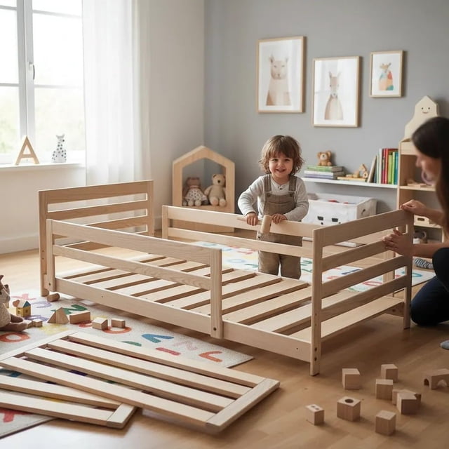 Cama Infantil Individual Venecia Montessori Con Barandales Sin Pintar Muebles GM