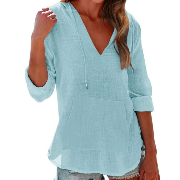 Oplxuo Women's Beach Cover Up Hoodies Sweatshirt Long Sleeve V Neck Pocketed Hooded Shirt Top