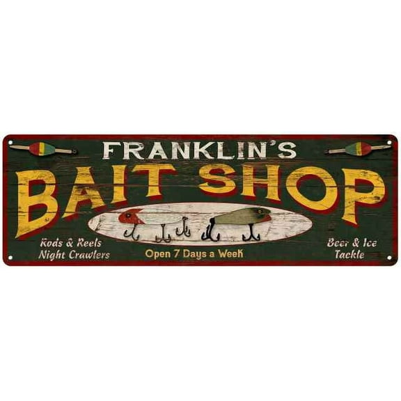 FRANKLIN'S Bait Shop Sign Wood Look Man Cave Den Gift 6x18 Metal 206180024219