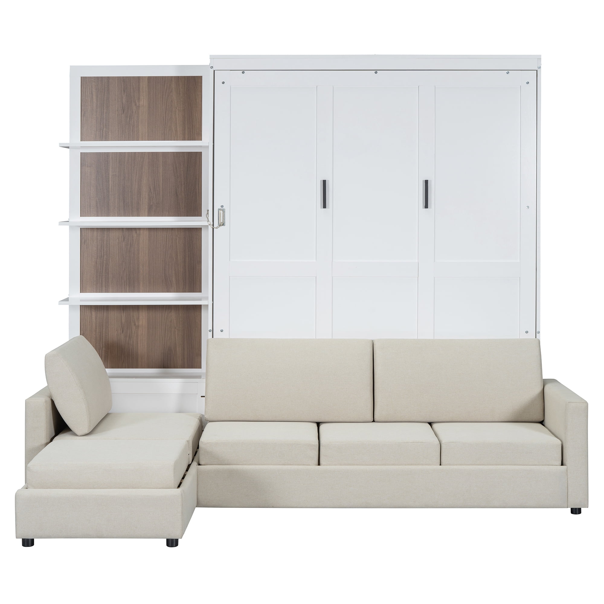 Queen Size Murphy Bed with L Shape Sofa and Open Shelves,Space-Saving for Small Space, Guest Room