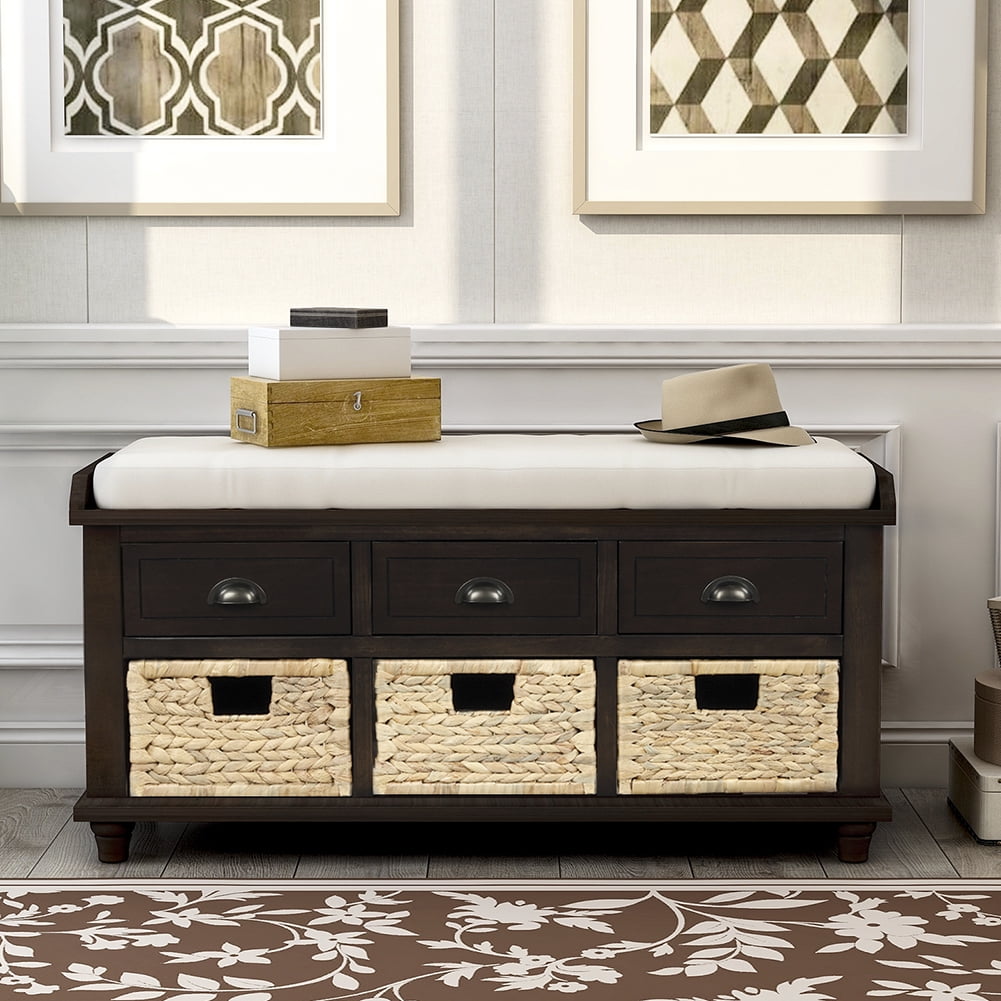 Lowestbest Shoe Bench with Removable Cushion, Rustic Storage Bench with 3 Drawers and 3 Rattan Baskets (Espresso) Lowestbest Shoe Bench with Removable Cushion, Rustic Storage Bench with 3 Drawers and 3 Rattan Baskets (Espresso)