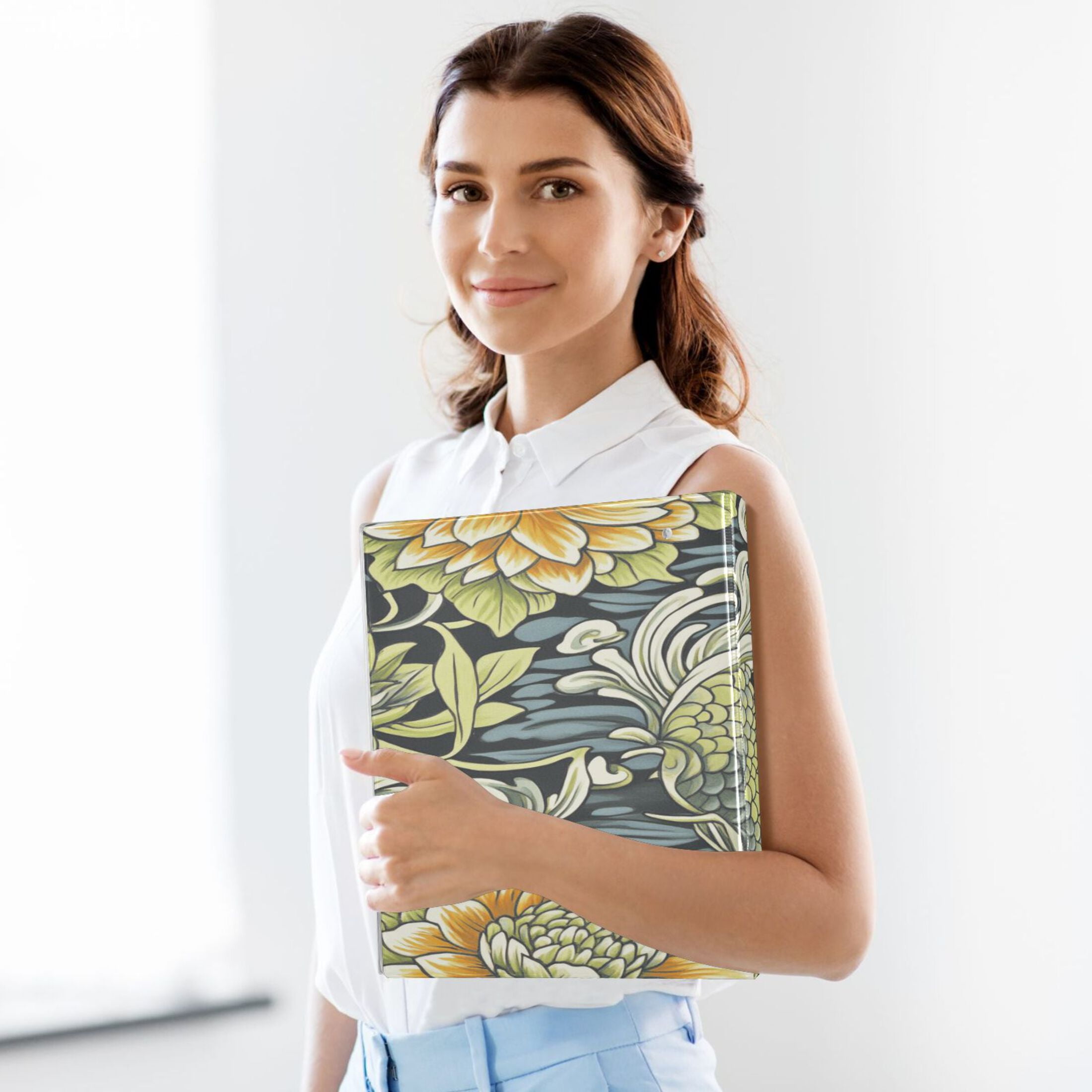 Floral Wave Design 12.4x10.6in PVC Round Ring Binder, D-Ring 3-Hole, Metal Clip, 200 Sheets