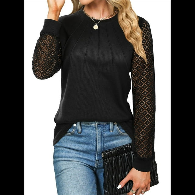 Blusas de Punto Gofre para Mujer, Blusas Elegantes Informales de Negocios, Camisas de Trabajo de Larga con Encaje, Ropa de Otoño. Negro L